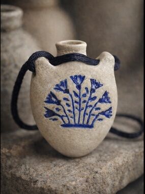 Blue Floral Earthenware Amulet Artisan Studio Pottery Hollow Vessel
